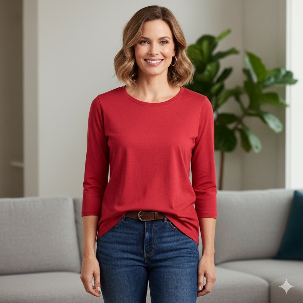 Lands' End 100% Cotton 3/4 Sleeve Women's Classic Red Tee Tall Large (L/T 14-16)